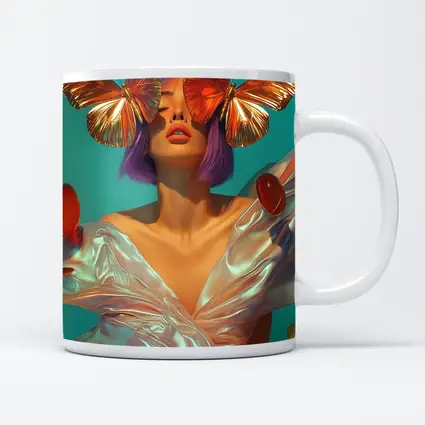 Woman With Butterflies Purple Hair Teal Background