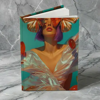 Woman With Butterflies Purple Hair Teal Background