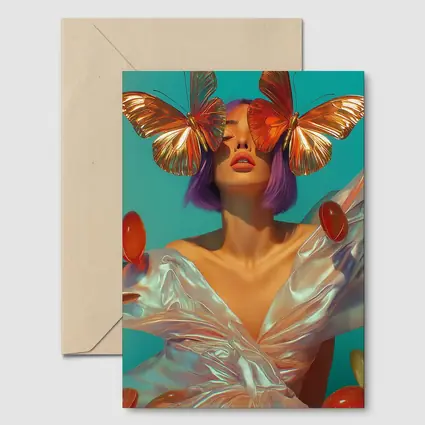 Woman With Butterflies Purple Hair Teal Background