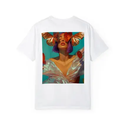 Woman With Butterflies Purple Hair Teal Background