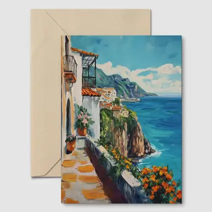 Amalfi Coast Cliffside Oil Painting Mediterranean View