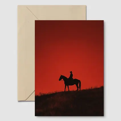 Cowboy Silhouette on Horse Red Sky