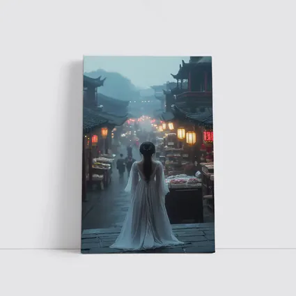 Woman in White Dress Misty Ancient Chinese Street