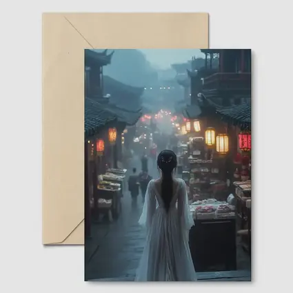 Woman in White Dress Misty Ancient Chinese Street