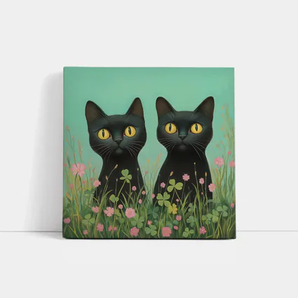 Two Black Cats Among Pink Wildflowers