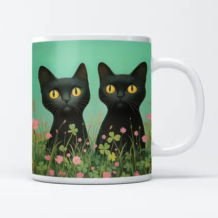 Two Black Cats Among Pink Wildflowers