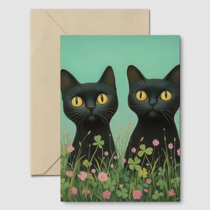 Two Black Cats Among Pink Wildflowers