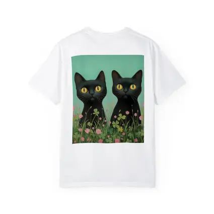 Two Black Cats Among Pink Wildflowers