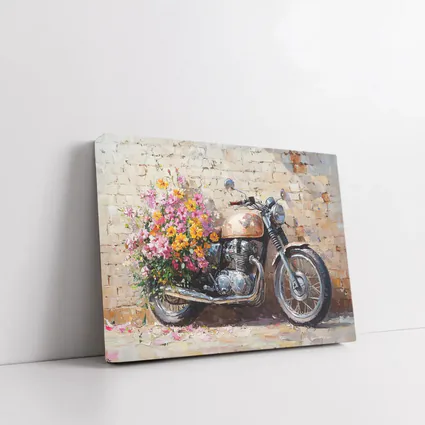 Vintage Cafe Racer Motorcycle Floral Oil Painting