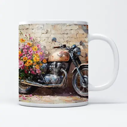 Vintage Cafe Racer Motorcycle Floral Oil Painting