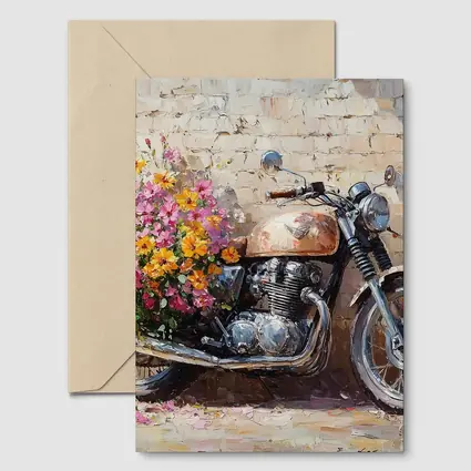 Vintage Cafe Racer Motorcycle Floral Oil Painting
