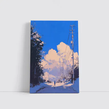 Anime Winter Road Lone Figure Blue Sky