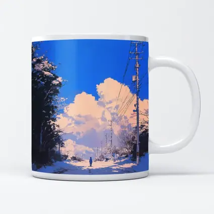 Anime Winter Road Lone Figure Blue Sky
