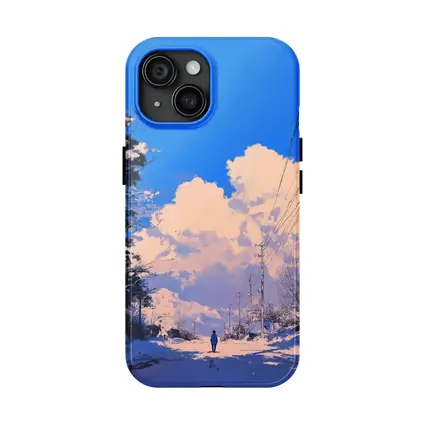 Anime Winter Road Lone Figure Blue Sky