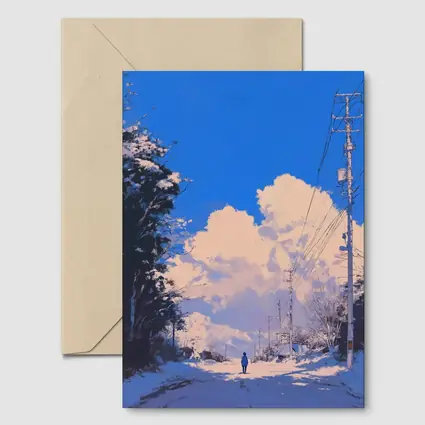 Anime Winter Road Lone Figure Blue Sky
