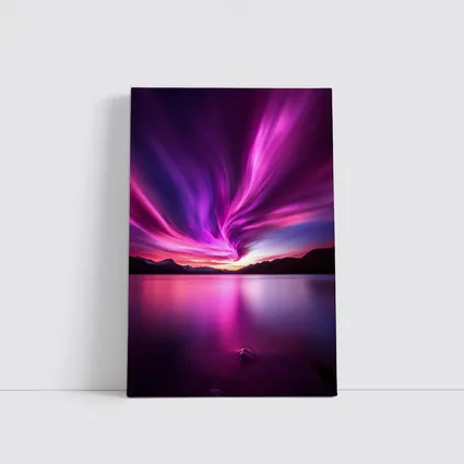 Pink Purple Aurora Borealis Over Mountain Lake