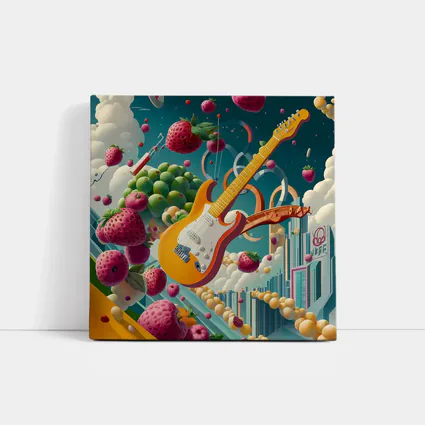 Electric Guitar Floating Surreal Fruit Cityscape