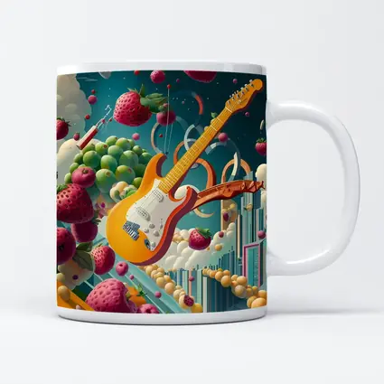 Electric Guitar Floating Surreal Fruit Cityscape