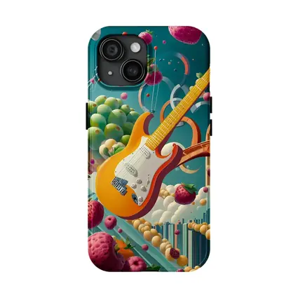 Electric Guitar Floating Surreal Fruit Cityscape