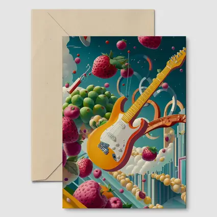 Electric Guitar Floating Surreal Fruit Cityscape