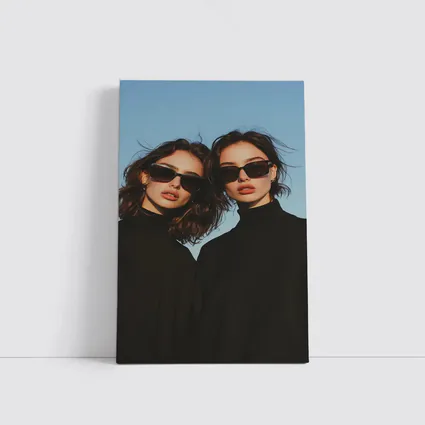 Two Women Black Turtlenecks Sunglasses Blue Sky