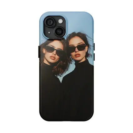 Two Women Black Turtlenecks Sunglasses Blue Sky
