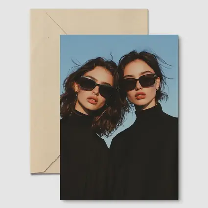 Two Women Black Turtlenecks Sunglasses Blue Sky