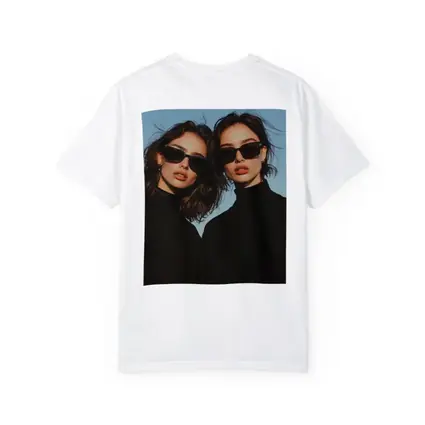 Two Women Black Turtlenecks Sunglasses Blue Sky