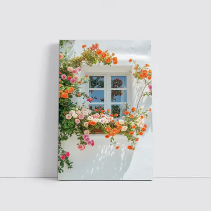 Orange Pink Roses Climbing White Wall Window