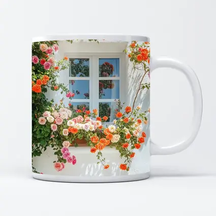 Orange Pink Roses Climbing White Wall Window