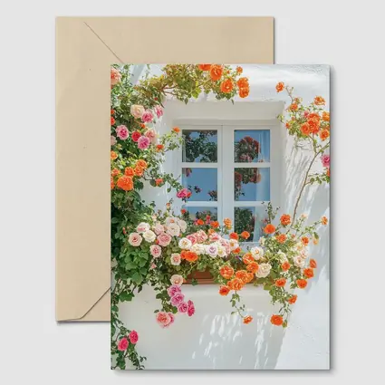 Orange Pink Roses Climbing White Wall Window