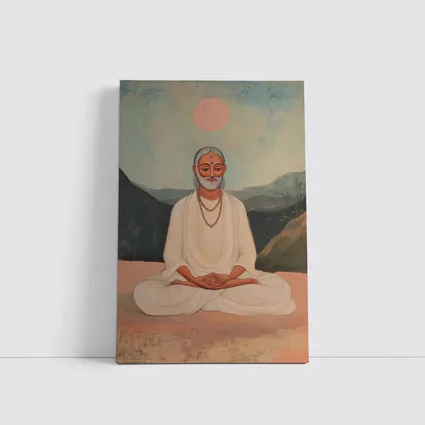 Meditating Sage White Robes Mountain Landscape Painting