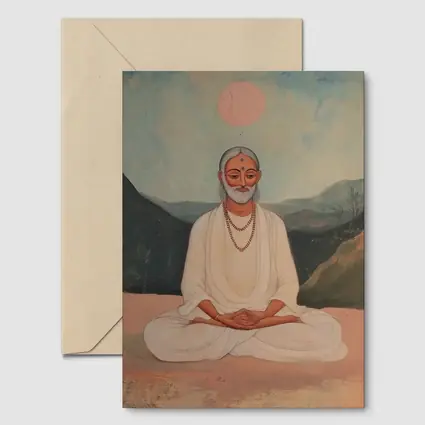 Meditating Sage White Robes Mountain Landscape Painting