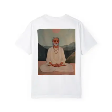 Meditating Sage White Robes Mountain Landscape Painting