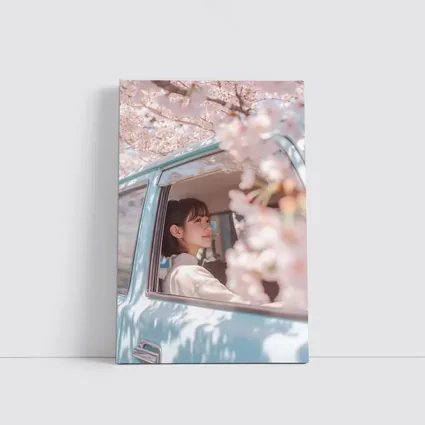 Young Woman Cherry Blossoms Vintage Blue Car