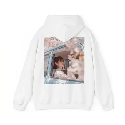Young Woman Cherry Blossoms Vintage Blue Car