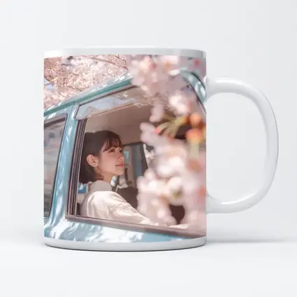 Young Woman Cherry Blossoms Vintage Blue Car