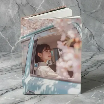 Young Woman Cherry Blossoms Vintage Blue Car
