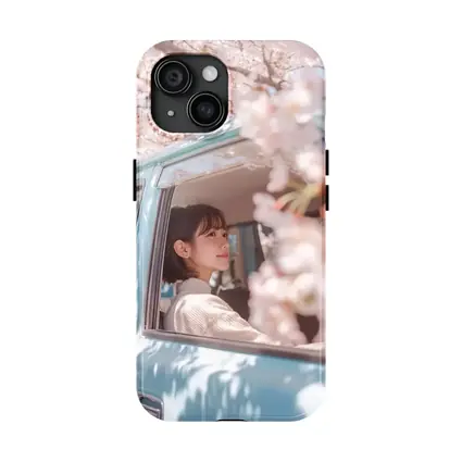 Young Woman Cherry Blossoms Vintage Blue Car