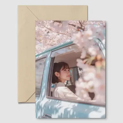 Young Woman Cherry Blossoms Vintage Blue Car