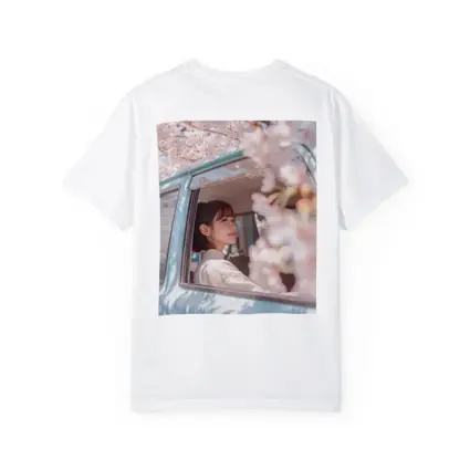 Young Woman Cherry Blossoms Vintage Blue Car