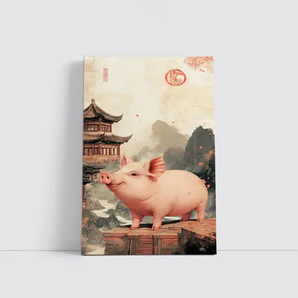 Pink Pig Chinese Temple Mountain Ink Art