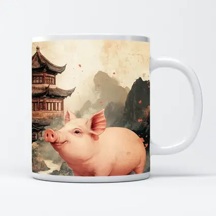 Pink Pig Chinese Temple Mountain Ink Art