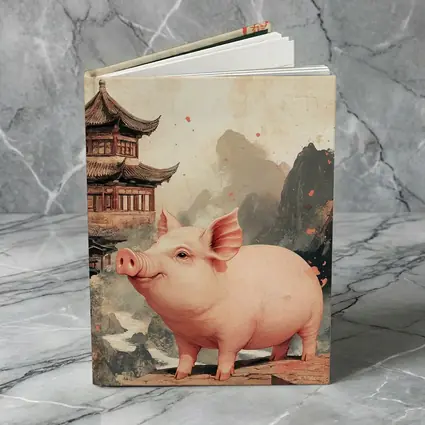 Pink Pig Chinese Temple Mountain Ink Art