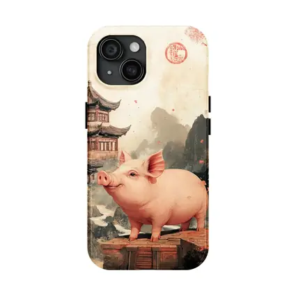 Pink Pig Chinese Temple Mountain Ink Art