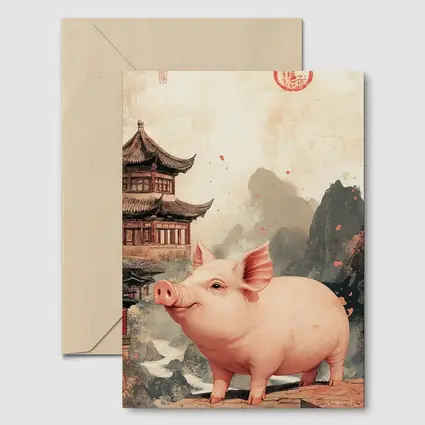 Pink Pig Chinese Temple Mountain Ink Art