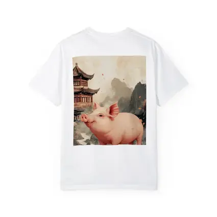 Pink Pig Chinese Temple Mountain Ink Art