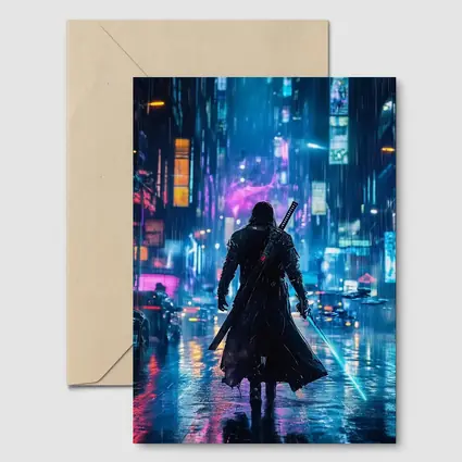 Cyberpunk Samurai Neon Rainy City Street