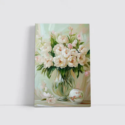 White Peonies Glass Vase Soft Pastel Painting