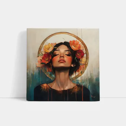Woman Floral Crown Gold Halo Oil Painting